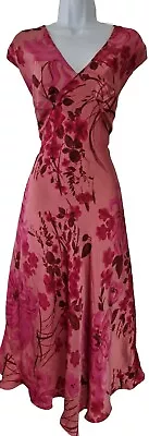 Womens Monsoon Vintage Pink Floral Bias Silk Sleeveless Evening Midi Tea Dress10 • £47.99