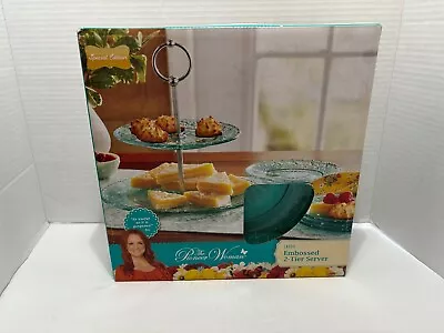 The Pioneer Woman Cassie Embossed 2-Tier Glass Server Serving Tray Teal NWSealed • $18.50