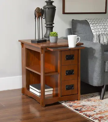 Classic Wooden End Table Magazine Cabinet Open Shelves Mission Style Warm Brown • $226.97