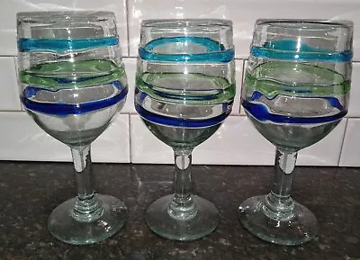 Mexican Art Glass Hand Blown Set Of 3 Wine Glasses / Water Goblets W/ Swirls • $25