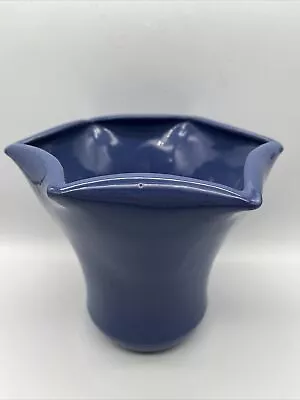 Vtg Art Pottery Vase Planter Pot Blue Glaze Flair Top Fluted Scallop Rolled Rim • $8.95