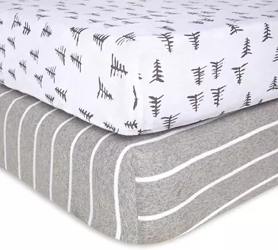 Burts Bees Baby Fitted Crib Sheet Organic Cotton BEESNUG - Pine Forest And Strip • $92.29