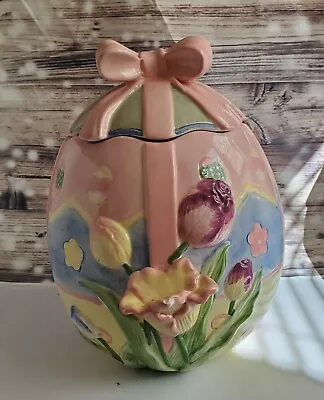 Easter Egg W/Flowers Ribbon & Bows Cookie Jar Loaded W/ Plastic Easter Eggs  • $25