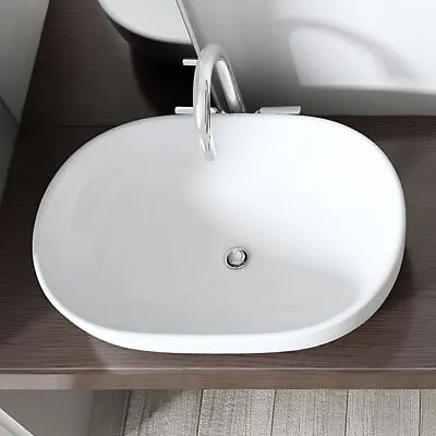 Modern Bathroom Wash Basin Sink Ceramic Counter Top Large White Oval 600x420mm • £64.90