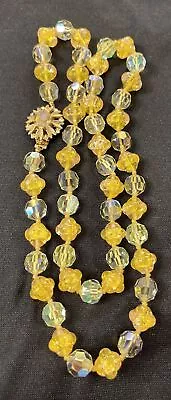 Vintage Les Bernard Art Glass Faceted Crystal Yellow & AB Necklace Fancy Clasp • $76.99