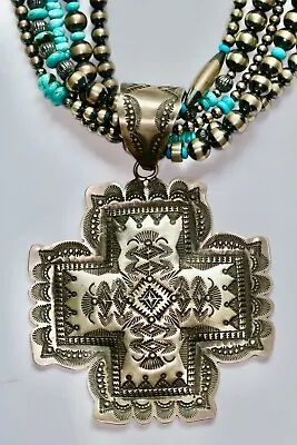 Vincent Platero Large Cross Pendant With 5 Strand Turquoise And Silver Necklace • $800