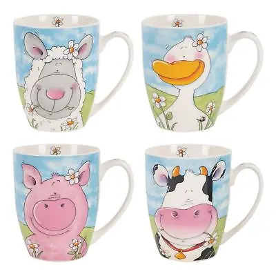 Set Of 4 Farm Animals Porcelain Mug Coffee Tea Cup Multicolour 11oz Pink Blue • £14.95