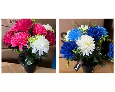 Artificial Chrysanthemum Flower Memorial Grave Pot - Blue Or Pink - 10cm Height • £9.25