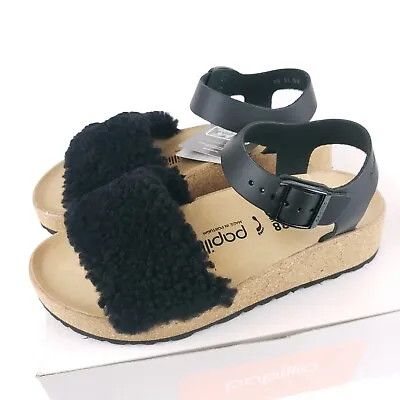 $119.99 • Buy PAPILLIO Birkenstock GLENDA TEDDY Shearling Leather Sandals BLACK NARROW FIT