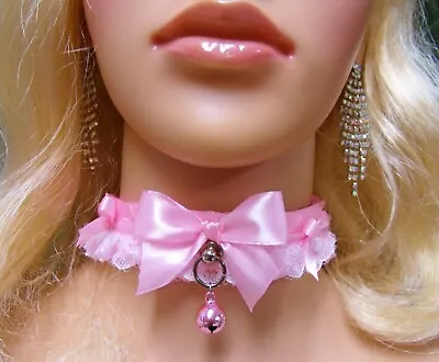 Any Size Choker Collar Pink Lace Bell DDLG Kitten Play Lolita Sissy LOCKING Lock • $34.95