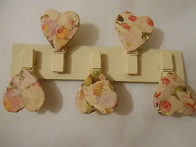 Set Of 5 Hand Decoupaged Mini Note Pegs / Clips Pink Floral Design • £1.75