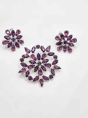 Signed Purple Amethyst Crystal Brooch And Earring Set Rinestone B. David Vintage • $51.62