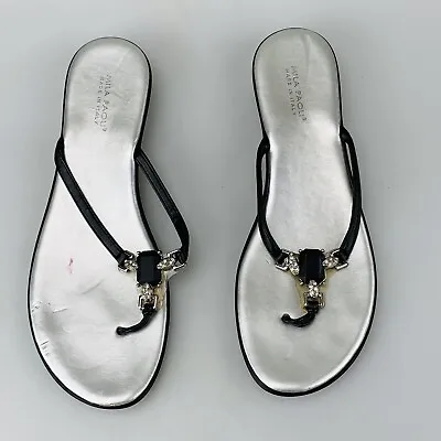 Mila Paoli Sandals Size 9.5 Black Silver Flip Flops Made In Italy Rhinestone • $18.04