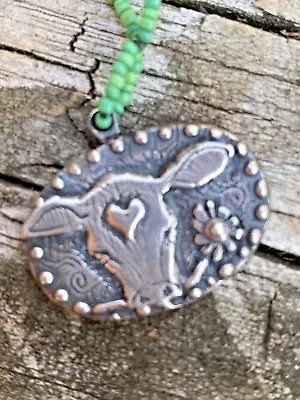 Jes Maharry  Sweet Jane  Lovely Cow Pewter Pendant On Green Beaded Necklace EUC • $279