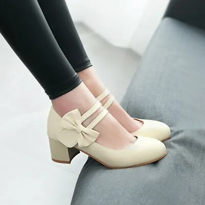 4 Colors Girls Lolita Sweet Women's Chunky Low Heel Bowknots Ankle Strap Shoes • £51