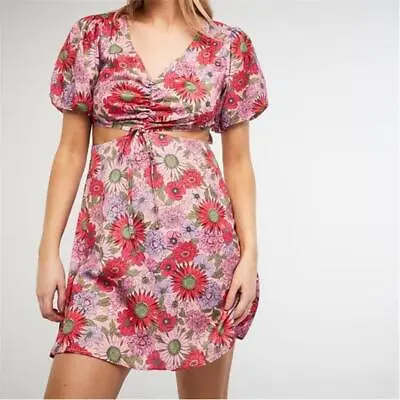 Missguided Floral Print Puff Sleeve Cut Out Mini Dress Size M 12 • £19.90