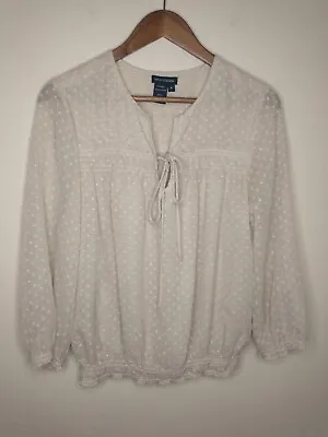 Max Edition Top Blouse Cream Light Tan Polka Dot Swiss Dot Sheer Lined Sz M • $5.49