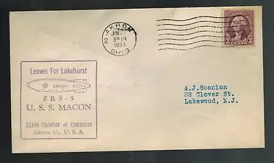 1933 Akron OH USS Macon Airship Zeppelin Cover To Lakehurst NJ ZRS 5 • $24