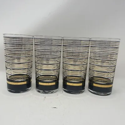 Culver Mid Century Modern Black Gold Striped Highball Cocktail Glasses Set Of 4 • $48.83
