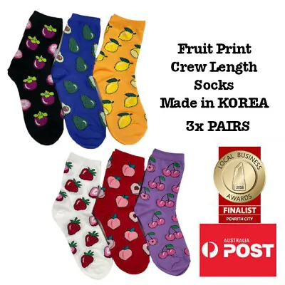 Women's Colourful Fruit Print Crew Socks Pop Art Fruit Made In KOREA 3x PAIRS • $11.99