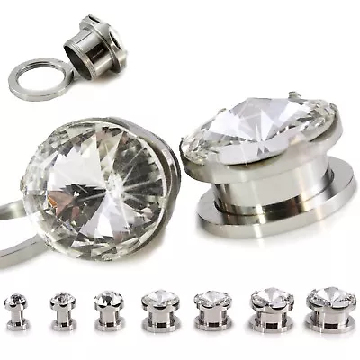 Prong Set CZ Screw Gem Plug Stainless Steel Gauges PAIR 4G 2G 0G 00G 11 12 14mm • $7.99