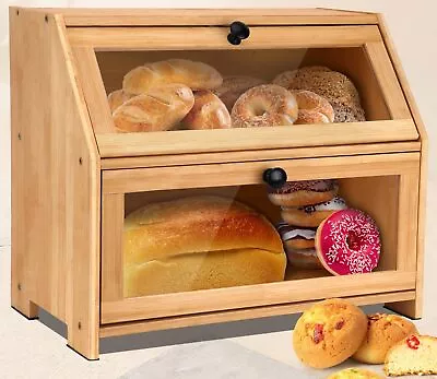 Double Layer Bamboo Bread BoxClear WindowLarge Bread Box Kitchen Countertop • $32.39