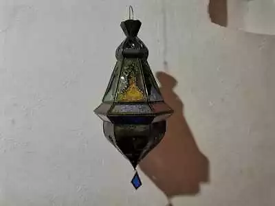 Metal Lantern With Coloured Glass And Hanging Loop Morocco Handmade • $39