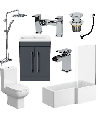 Complete Bathroom Suite RH L Shaped Bath Toilet Vanity Basin Taps Shower Grey • £779.97