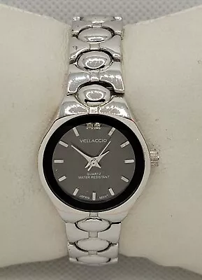 Ladies Vellaccio Round Silver Tone Black Dial Link Bracelet Analog Watch J4 • $11.99