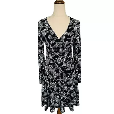 Karen Millen Black White V Neck Faux Wrap Dress Size UK 12 Work Office Corporate • $45