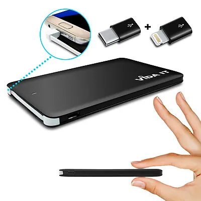 Slim Pocket Size Power Bank Travel Portable Battery Phone Charger Built-in Cable • £16.99