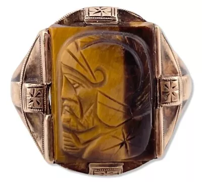 Size 9.75 10k Gold Carved Tigers Eye Cameo Knight Vintage Men’s Ring J22-846 • $275