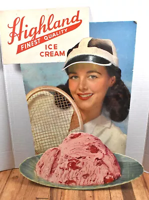 Vintage Highland Ice Cream Cardboard Advertising Sign W Tennis Player • $89.95