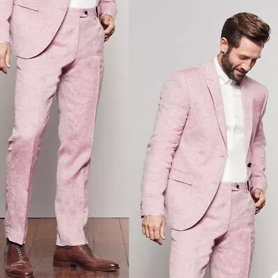 2 Piece Pink Men Linen Suit Peak Lapel Prom Party Groom Tuxedo Wedding Suits • $87.40