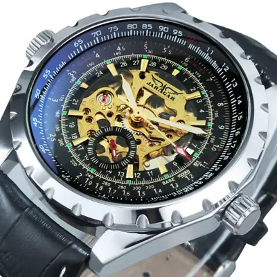 JARAGAR Mens Watch Luxury Automatic Skeleton Watches Luminous Leather Watch Mens • £45