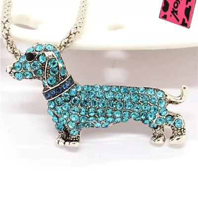 New Blue Crystal Dachshund Dog Pendant Fashion Women Sweater Chain Necklace • $3.95