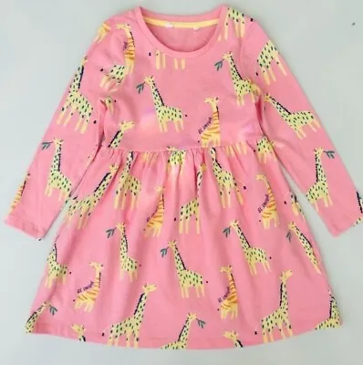 £5.99 • Buy Girls Ex M*S Cotton Dress Navy Rainbow Giraffe Long Sleeved Soft Skater 2 - 6 Yr