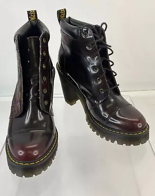 Dr. Martens Averil Oxblood Red Patent Leather Cap Toe Lace-Up Block Heel Boot 10 • $80