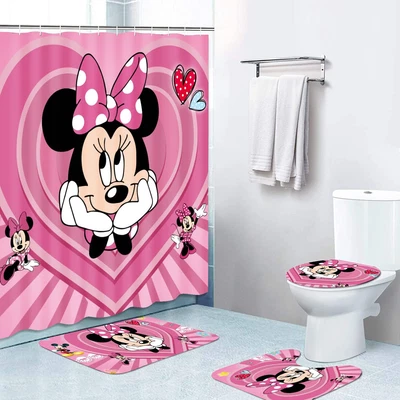 $24.99 • Buy Love Minnie Mouse Shower Curtain With Non-Slip Rug,Toilet Lid Cover Bath Mat