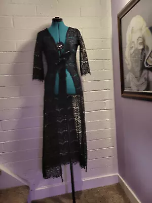 Robe Womens Vtg Black Sheer Lace See Through Maxi Ribbon Peignoir Dressing Gown • $28.05