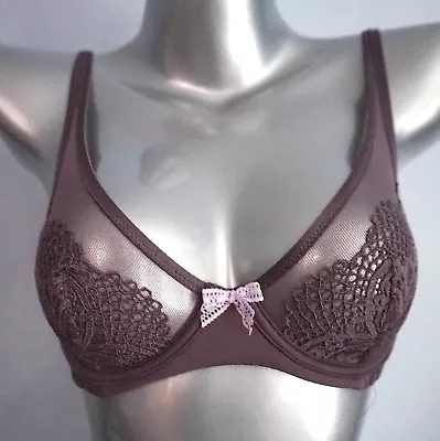 Victorias Secret Purple Taupe Body By Floral Crochet Lace Unlined Demi Bra 32C • $18.74