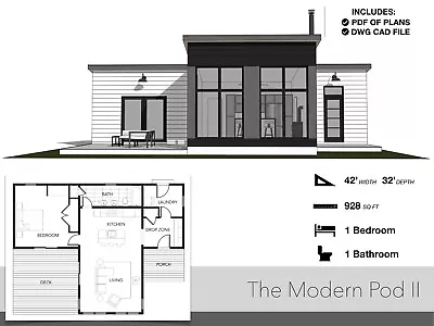 928 SQ FT Tiny House 42'-0  X 32'-0  Cabin Floor Plans Modern House Plans • $28