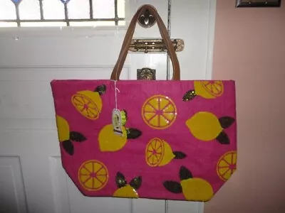 Mud Pie Large Jute Glam Sequin Lemons Pink/yellow Beach Pool Tote Bag Rare! Nwt • $33.99