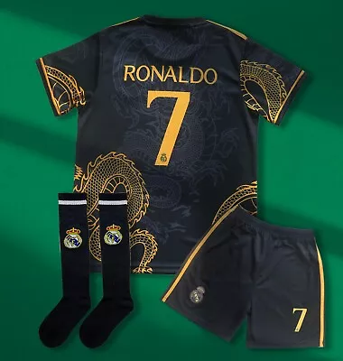 Madrid Kids Black Dragon Soccer Jersey #7 Ronaldo Shorts & Socks Set Youth Sizes • $34.99