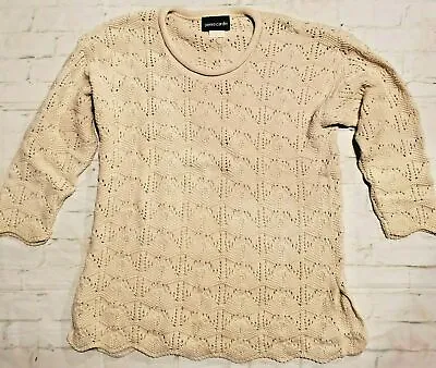 Vintage Women 80s Ivory Ecru Sweater Sz Medium Boho Open Knit Scalloped Hem • $15.73