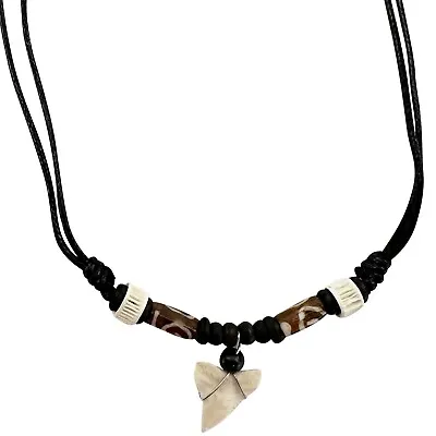 Shark Tooth Pendant Necklace Wooden Beads Black Cord Chain Mens Womens Jewellery • £4.99