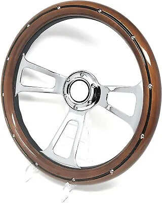 350mm 14  Classic Nostalgia Steering Wheel Slotted Chrome Mahogany Wood Grip • $84.99