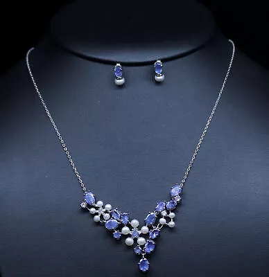 Blue Tanzanite Pearl Cubic-Zirconia Necklace With Earrings Silver 925 Sterling • $239.20