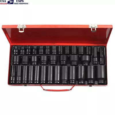 Impact Sockets Set 1/2Inch Drive 35 PCS Metric 8mm-32mm Deep 6-Point Set W/ Case • $52.89