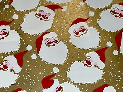 Vtg Christmas Wrapping Paper Gift Wrap Santa Faces On Gold With Snowflakes Nos • $7.46